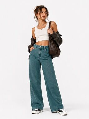 Old Navy Girls Size 16 High Rise Baggy Wide Leg Jeans Green Teal Denim